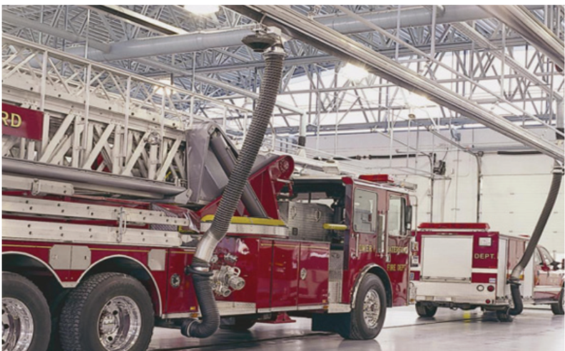 Exhaust hoses connected to fire apparatus in a station